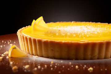 Closeup a piece of lemon tart on the table with dark background. Bakery food