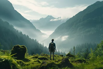 Fototapeten fresh and pure human with A serene and enchanting scene of a mist-covered mountain landscape with a lush forest at its foot, capturing mystical allure of nature © Thor