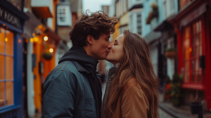 couple kissing in the city,couple  of men and woman kissing in the city during a trip in Europe
