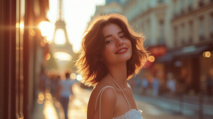 portrait of a woman,European woman model short hair and smiling face wearing a fitted casual white color short slip dress with on the background the Eifel tower of Paris