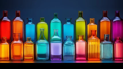 Zelfklevend Fotobehang Image of a row of colorful bottles neatly arranged on a shelf. © kept