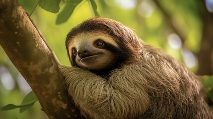 Fototapeta premium Image of a sloth clinging to branches of a tall tree.