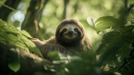 Fototapeta premium Image of a sloth clinging to branches of a tall tree.