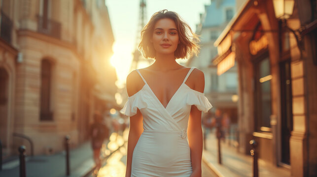 woman walking in the city of Paris,European woman model short hair and smiling face wearing a fitted casual white color short slip dress with on the background the Eifel tower of Paris