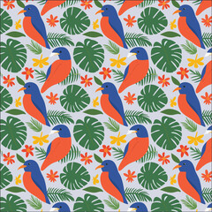 Topical summer pattern. Bird and Leaves