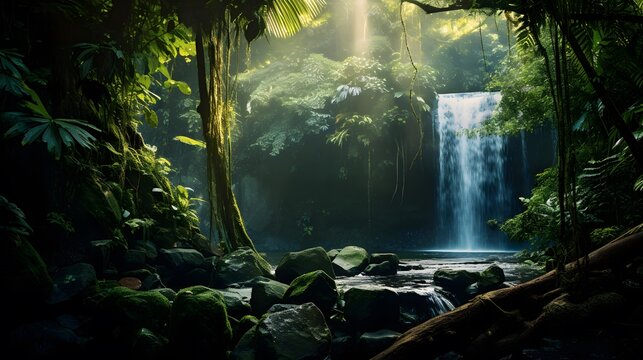 Panoramic view of a waterfall in a rainforest in Hawaii
