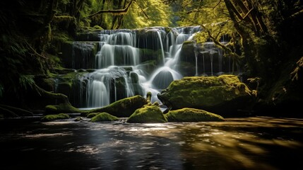 Image of a waterfall among the woods.