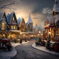 Merry Christmas and Happy New Year. Beautiful winter landscape with houses and Christmas decorations.