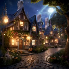 Illustration of a fairy-tale house at night with a full moon