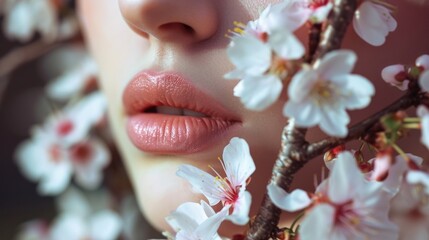 Closeup of a womans lips, painted with a soft pink shade resembling the color of cherry blossoms.