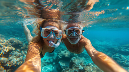 An ecstatic couple takes a selfie while snorkeling in clear blue waters, showcasing their summer holiday filled with travel and lifestyle adventures.