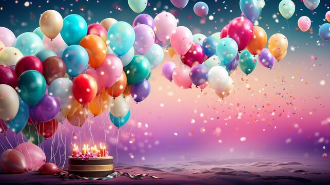 Image of birthday celebration, cake and ballons.