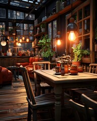 Interior of a cozy and cozy european restaurant with wooden tables and chairs
