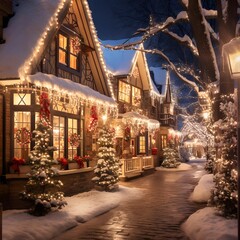 Fototapeta na wymiar Beautiful Christmas decorations outside a house in a snowy winter landscape.
