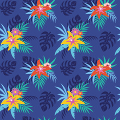 Fototapeta na wymiar Pretty flowers with palm and monstera leaves seamless pattern background. Exotic floral pattern for fabric, textiles, clothing, wrapping paper, cover, banner, wallpaper, decor, abstract backgrounds.