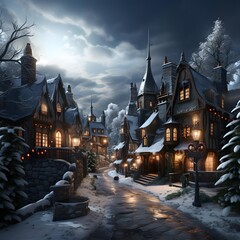 Halloween scene with haunted houses in winter. 3D rendering.