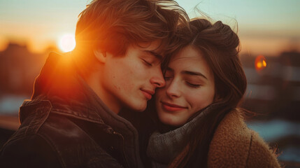Happy couple kissing on a date outdoors on a snowy Valentine's Day.	