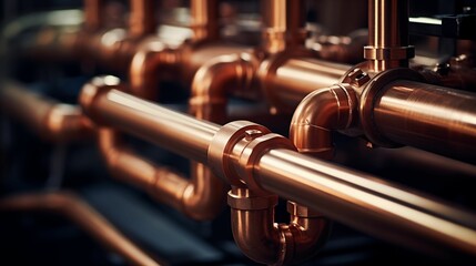 Image of copper pipe heating system. - obrazy, fototapety, plakaty