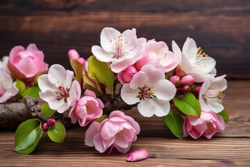 Pink flowers bloom beautifully on a wooden background, capturing the essence of spring and nature's delicate charm in a serene and rustic setting