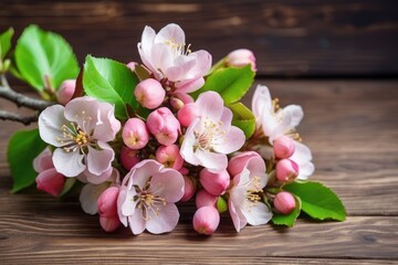 Pink flowers bloom beautifully on a wooden background, capturing the essence of spring and nature's delicate charm in a serene and rustic setting