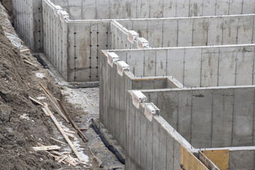 Concrete walls of basement foundation with weeping tile at a construction site