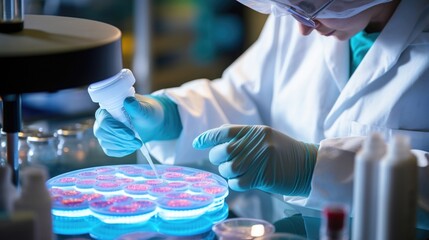 Highresolution image of a lab technician using CRISPR to target and modify mutated genes in a petri dish, paving the way for future treatments for genetic disorders.