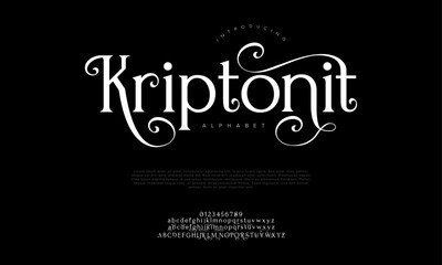 Kriptonit premium luxury elegant alphabet letters and numbers. Elegant wedding typography classic serif font decorative vintage retro. Creative vector illustration
