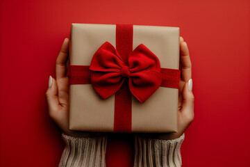 Top down view of a woman's hands holding a luxury gift box with a bow against a red background, perfect for gifting on special occasions.