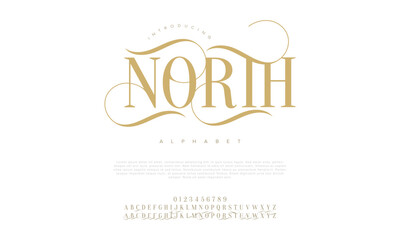 North premium luxury elegant alphabet letters and numbers. Elegant wedding typography classic serif font decorative vintage retro. Creative vector illustration