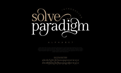 Solve paradigm premium luxury elegant alphabet letters and numbers. Elegant wedding typography classic serif font decorative vintage retro. Creative vector illustration