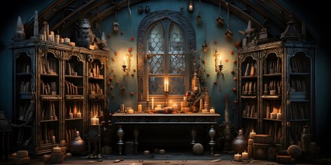 3D rendering of the interior of a medieval church with an altar