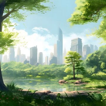 City park with pond and trees in the morning. Digital painting.