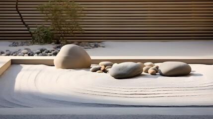 Zen garden with pebble stones and bamboo blinds in the background