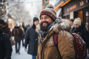 fresh and pure human with As snow gently descends, town undergoes a magical winter transformation, with people gracefully going about their daily routines - obrazy, fototapety, plakaty