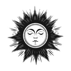 Mystical shining sun with face and rays, heavenly astrology logo, boho icon for zodiac, tarot. Magic vector outline hand drawn illustration isolated on white background.