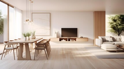 Interior of modern living room with white walls, wooden floor, panoramic window and sofa. 3d rendering