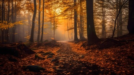 Autumn forest with fog and fallen leaves. Panoramic image.
