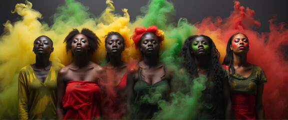 portrait of a group of black woman emerge from green, red, yellow smokes background, Black history month portrait, wide banner with copy space