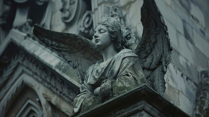 A regal angel with a baroqueinspired halo and elegant sweeping wings perches atop a crumbling gothic structure its expression a mix of melancholy and ancient wisdom.