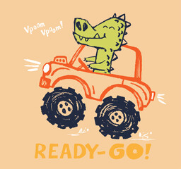 Crocodile monster, truck funny cool summer t-shirt print design. Racing car. Speed sport buggy