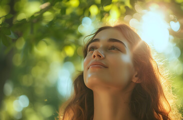 A young woman enjoying the serene atmosphere of the park in the morning, looking up towards the sky.