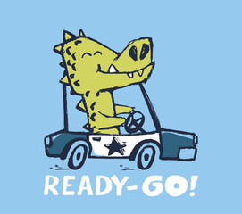 Crocodile police car funny cool summer t-shirt print design. Drive speed auto. Slogan. Policeman safari animal