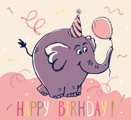 Elephant birthday card cool design. Greeting post card template. Safari animal date of birth. Happy birthday