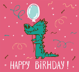 Crocodile birthday card cool design. Greeting post card template. Safari animal date of birth. Happy birthday