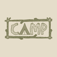camp graphic typography design wood illustration tent vintage handwriting logo outdoor
