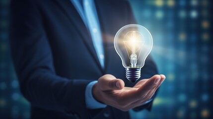 Business man holding technology light bulb glowing, creative innovation and business idea concept (1)