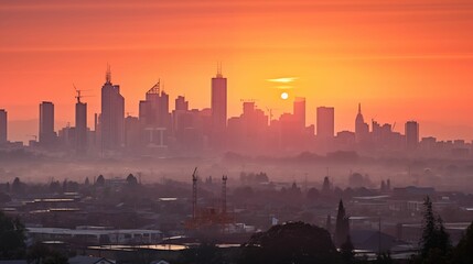 Image of the sunset against the background of the city.