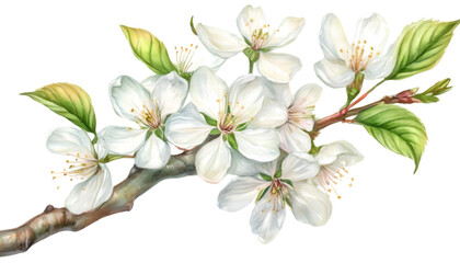 White watercolor cherry blossom branch. 