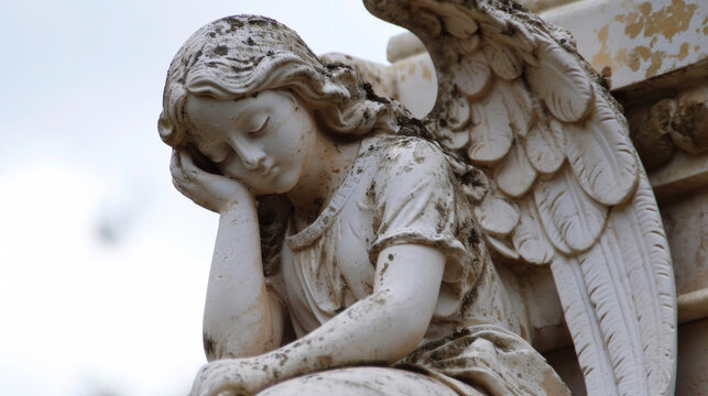 A solemn angel perched atop a stone archway her eyes closed in prayer for the departed.