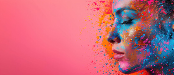 Banner design, colorful paint explosion splashing  woman's face covered by colourful painting. Abstract design on pink background with copy space for text.